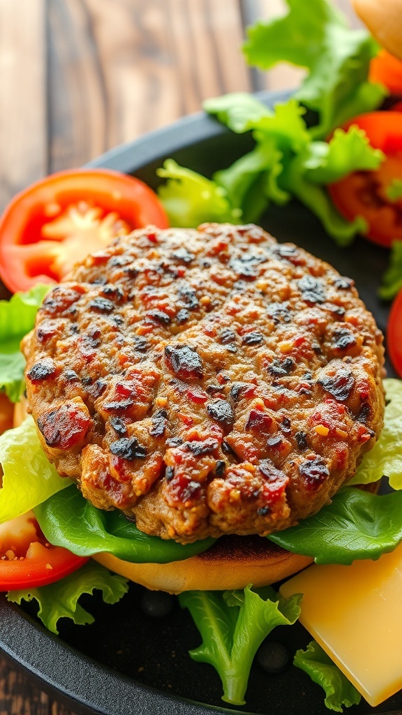 A juicy homemade beef burger patty on a grill with toppings like lettuce and tomato.